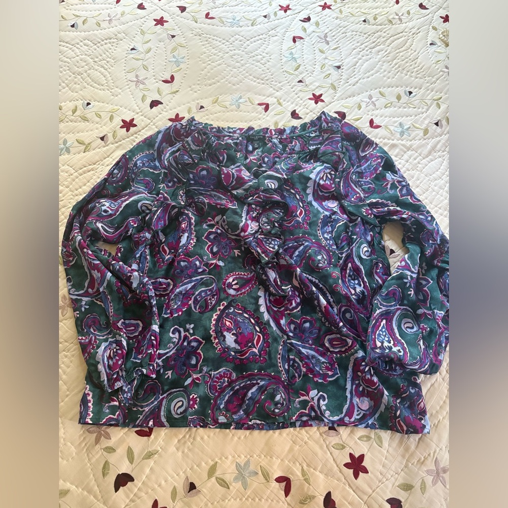 Talbots Green Paisley Ruffle-Neck Blouse with Purple Accents